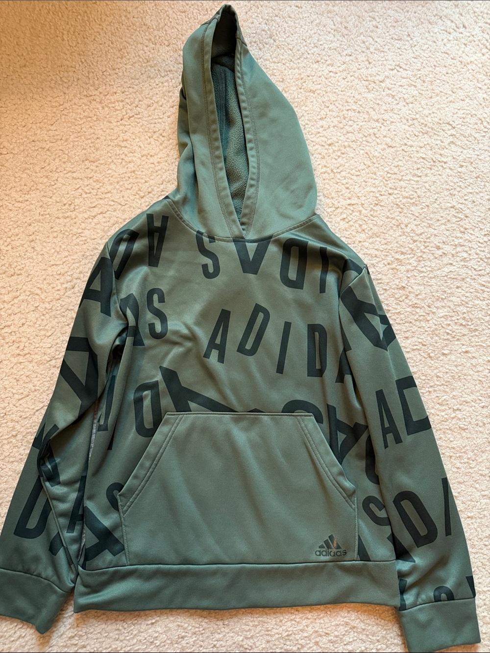 Adidas Boys Medium Olive Green Allover Logo Crewneck Hoodie